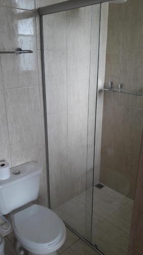 uma casa de banho com um WC e uma cabina de duche em vidro. em Hotel Pousada Oosterhuis em Castro