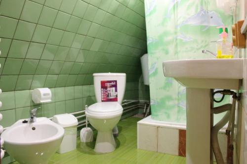 uma casa de banho com azulejos verdes, um WC e um lavatório. em Skhovanka Dovbusha em Migovo