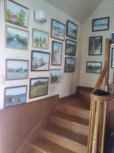 a wall of pictures on a wall with stairs at 宮古島サイクリストの宿 in Miyako Island