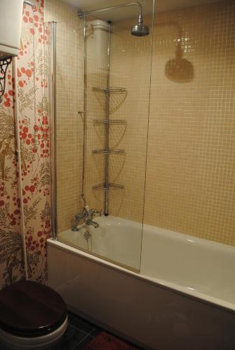 a bathroom with a toilet and a bath tub with a glass shower at The Old Reading Room in Kingston