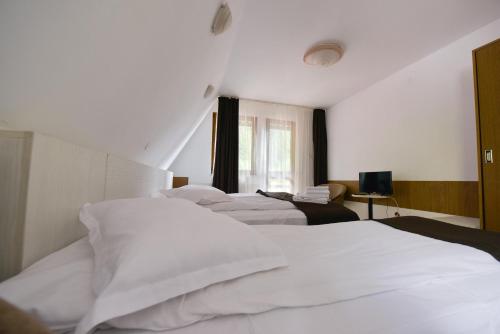 
a bedroom with a white bedspread and white pillows at Hotel Paraul Capra in Cumpăna
