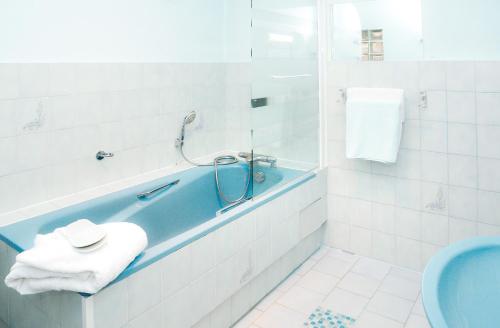 a bathroom with a blue tub and a toilet at Logis Hôtel et Restaurant du Dauphin in Sées