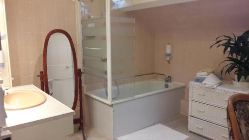 a bathroom with a bath tub and a sink at Logis Hôtel et Restaurant du Dauphin in Sées