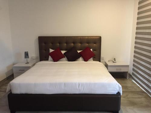 a bedroom with a large bed with red pillows at The Big House in Colombo