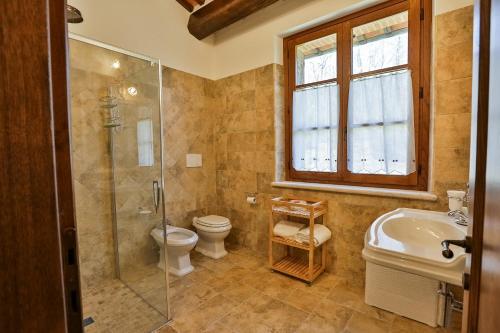 a bathroom with a shower and a toilet and a sink at Borgo Poggiardelli in Montepulciano