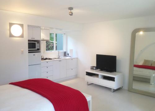 a white kitchen with a bed and a television at Ohiwa Seascape Studios in Opotiki