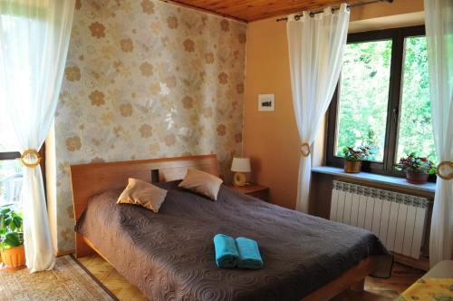 - une chambre avec un lit et 2 serviettes bleues dans l'établissement Pokoje Gościnne AGA, à Kazimierz Dolny