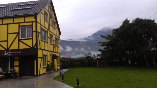 a yellow house with a green field and mountains at Elizabeth Bed and Breakfast in Fengli