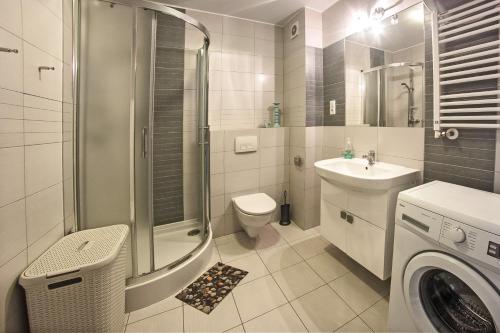 Łazienka z prysznicem, toaletą i umywalką w obiekcie Apartament Kapitański Bursztynowe Komnaty w Darłówku