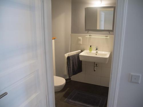 uma casa de banho com um WC branco e um lavatório. em Schönes Apartment Blau zentral em Bremen