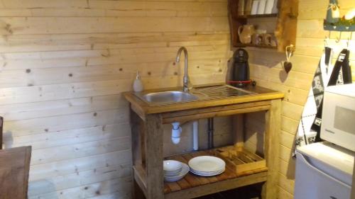 a kitchen in a tiny house with a sink at les Chevreuils in Saint-Sylvestre-de-Cormeilles