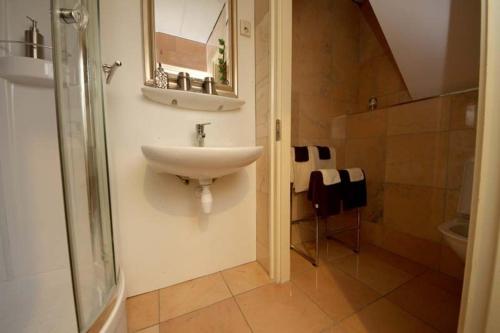 een badkamer met een wastafel en een douche bij De Zilveren Karper in Kampen