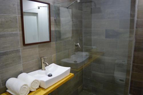 a bathroom with a sink and a mirror at Carcamanes 17 Gastro-Hotel in Guanajuato