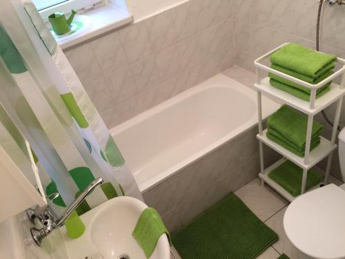 La salle de bains est pourvue d'un lavabo, d'une baignoire et de toilettes. dans l'établissement Apartment Sophie Olomouc, à Olomouc