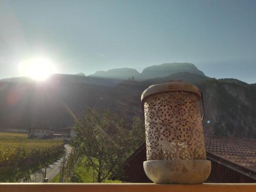a vase on a ledge with a view of a mountain at Versigglhof in Appiano sulla Strada del Vino