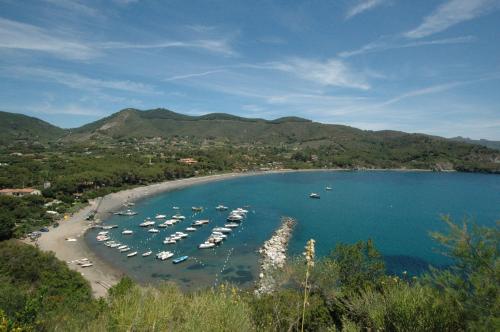 a group of boats are docked on a beach at Hotel Capo Di Stella in Capoliveri