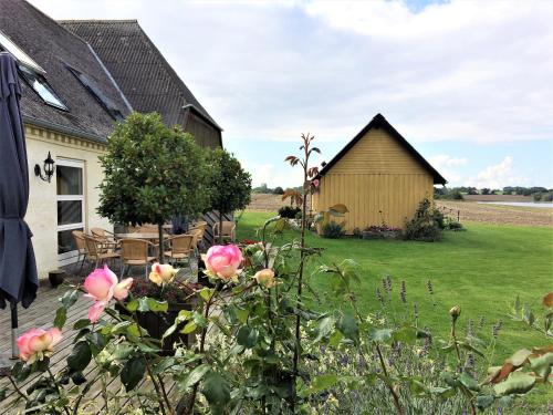 a house with a garden with roses in front of it at Rødkærgård Bed & Breakfast in Kerteminde