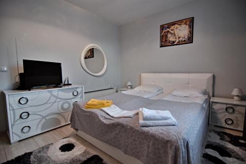 a bedroom with a bed and a tv and a mirror at Panorama Apartment in Velingrad