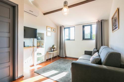 a living room with a couch and a tv at Apartamento À Francos Attic in Porto