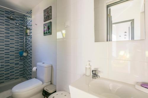 a bathroom with a toilet and a sink and a mirror at Apartamento Garden Avenue in Porto