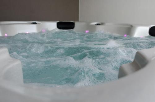 a bath tub filled with water in a bathroom at Domaine De Titine in Bonneville