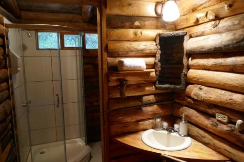 baño en una cabaña de madera con lavabo y ducha en Inraki Lodge, en Guaillabamba