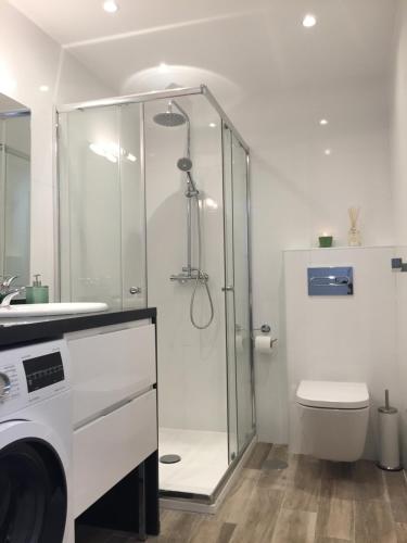 a bathroom with a shower and a washing machine at Luxury beachfront apartment in Benalmadena Costa in Benalmádena