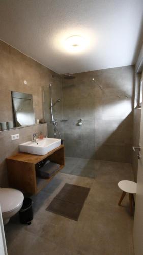 a bathroom with a sink and a shower and a toilet at Gästezimmer Kamino in Häusern