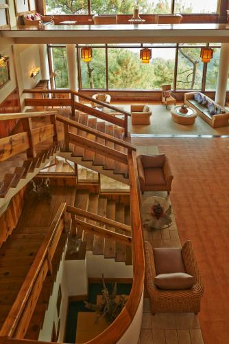 an overhead view of a church with chairs and tables at Ri Kynjai Serenity by The Lake in Shillong