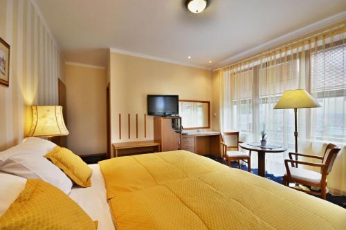 a hotel room with a bed and a table and chairs at Hotel Villa Conti in Písek