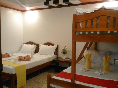 een slaapkamer met 2 stapelbedden met katten erop bij Vali-Joe Travel Lodge in El Nido