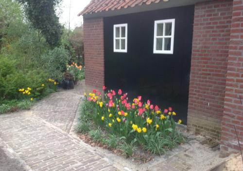 a flower bed of tulips next to a brick building at Huys en Hoff Aen Den Haspel in Oirschot