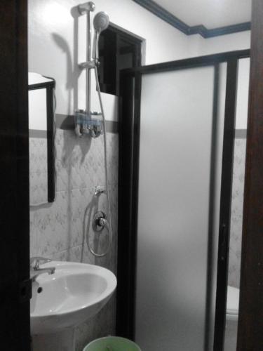 a bathroom with a sink and a shower stall at Vali-Joe Travel Lodge in El Nido