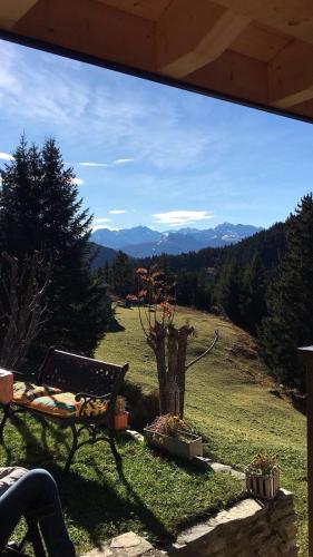 a bench in a field with a view of a mountain at Ferienwohnung Edelweiss in Grächen