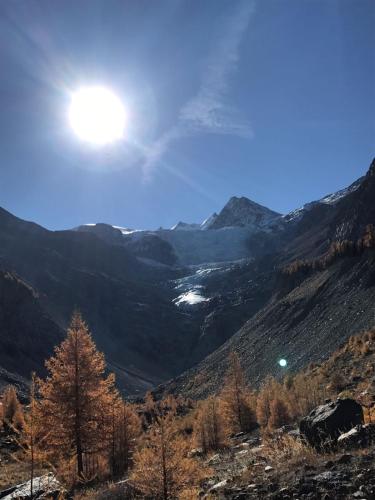 a view of a valley in the mountains at Ferienwohnung Edelweiss in Grächen