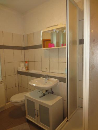 a bathroom with a sink and a toilet at Zimmervermietung zum See in Wolteritz