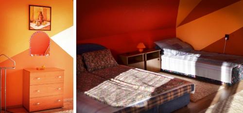 2 fotos de un dormitorio con cama y silla en Gesztenyes Vendeghaz, en Bükkszék