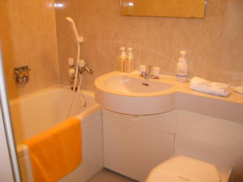 Okuizumo-cho的住宿－玉峰山莊日式旅館，浴室配有盥洗盆、卫生间和浴缸。