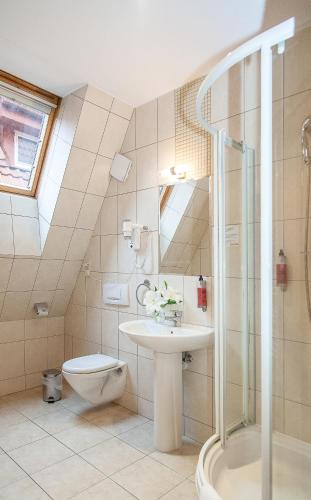 a bathroom with a toilet and a sink and a shower at Willa Biala Lilia Old Town in Gdańsk