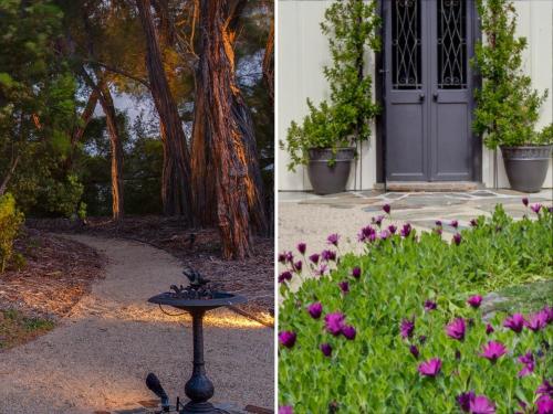 a side by side picture of a door and flowers at Silverleaf Cottage in Rye