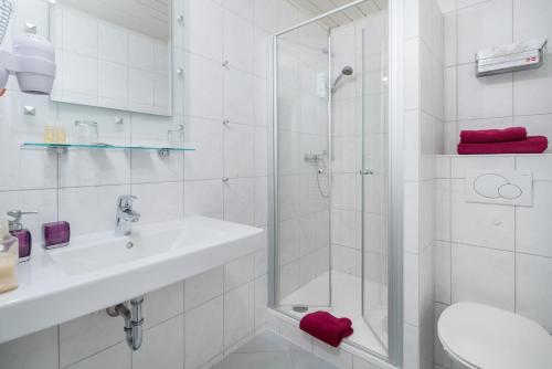 een badkamer met een douche, een wastafel en een toilet bij Hotel-Barbarossa-Garni bei Hanau in Rodenbach