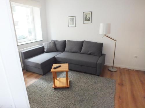 Sala de estar con sofá gris y mesa en Apartment am Blücher, en Kiel