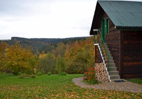 a log cabin with a staircase next to a yard at Na końcu świata in Dubiecko