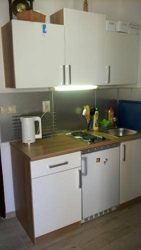 a small kitchen with white cabinets and a sink at Penzion Pohoda in Lednice