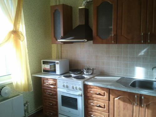 バルナウルにあるApartment on Sergeya Uskova 3のキッチン(白いコンロ、電子レンジ付)