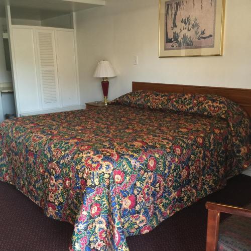 a bed in a hotel room with a colorful bedspread at Valley Motel Pittsburgh in Harmarville