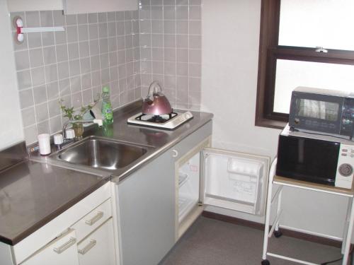 a small kitchen with a sink and a microwave at Landhaus Dancru Netz in Hakuba