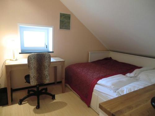 1 dormitorio con 1 cama y escritorio con ordenador en maisonette, en Teltow
