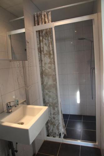 a bathroom with a sink and a shower at budget rooms Doppenberg in Zandvoort