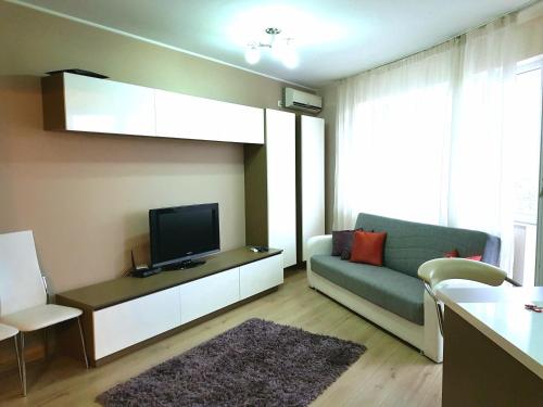 a living room with a couch and a tv at Skyline Rooftop Condos in Oradea